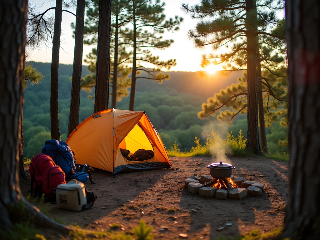 Family camping setup along Ouachita Trail with tent and campfire at dusk