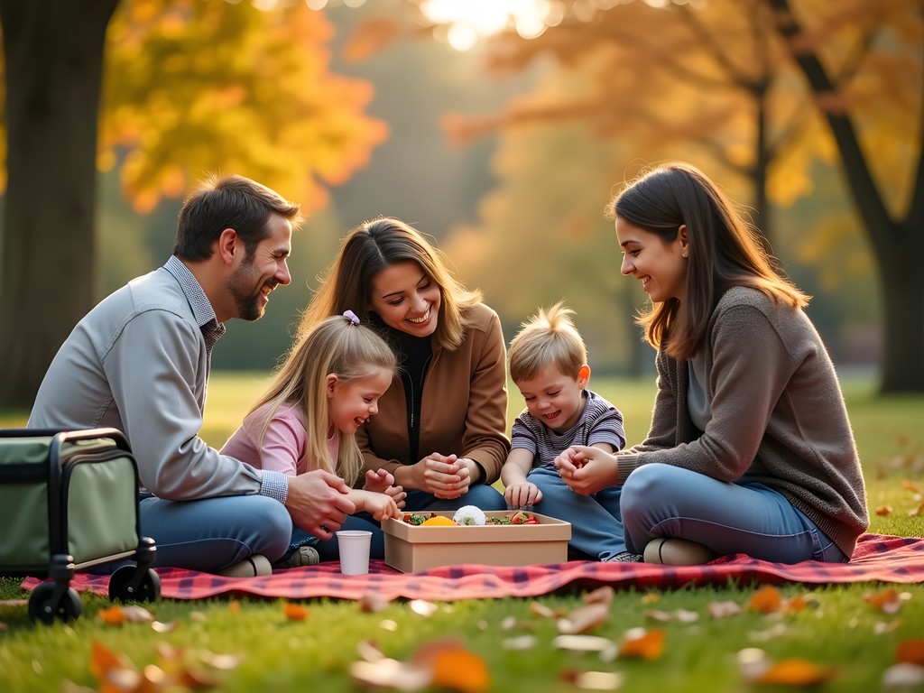 Family enjoying budget-friendly picnic in Livonia park during autumn