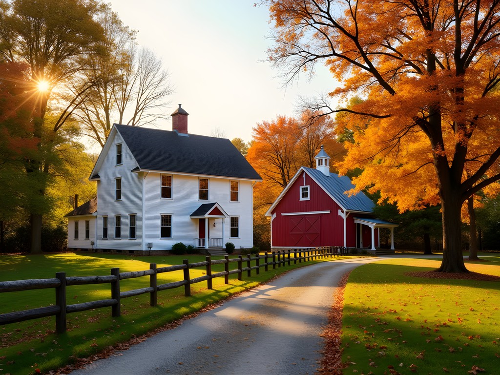 Historic buildings with fall foliage at Greenmead Historical Park in Livonia, Michigan