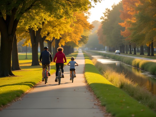 Family cycling along Hines Drive path with fall colors in Livonia, Michigan
