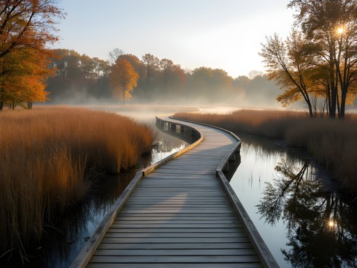 Wooden boardwalk through autumn wetlands at Rotary Park in Livonia