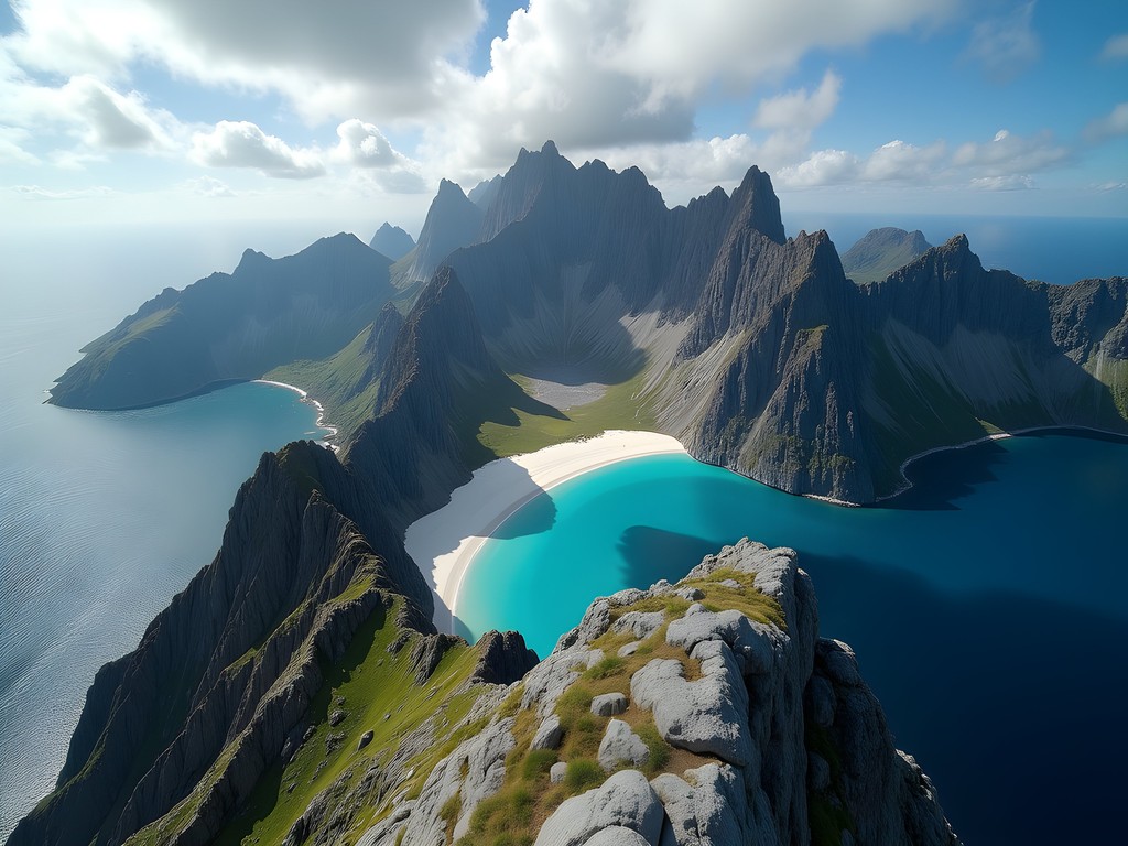 View from Helvetestinden summit showing Bunes Beach and the Norwegian Sea horizon in Lofoten Islands