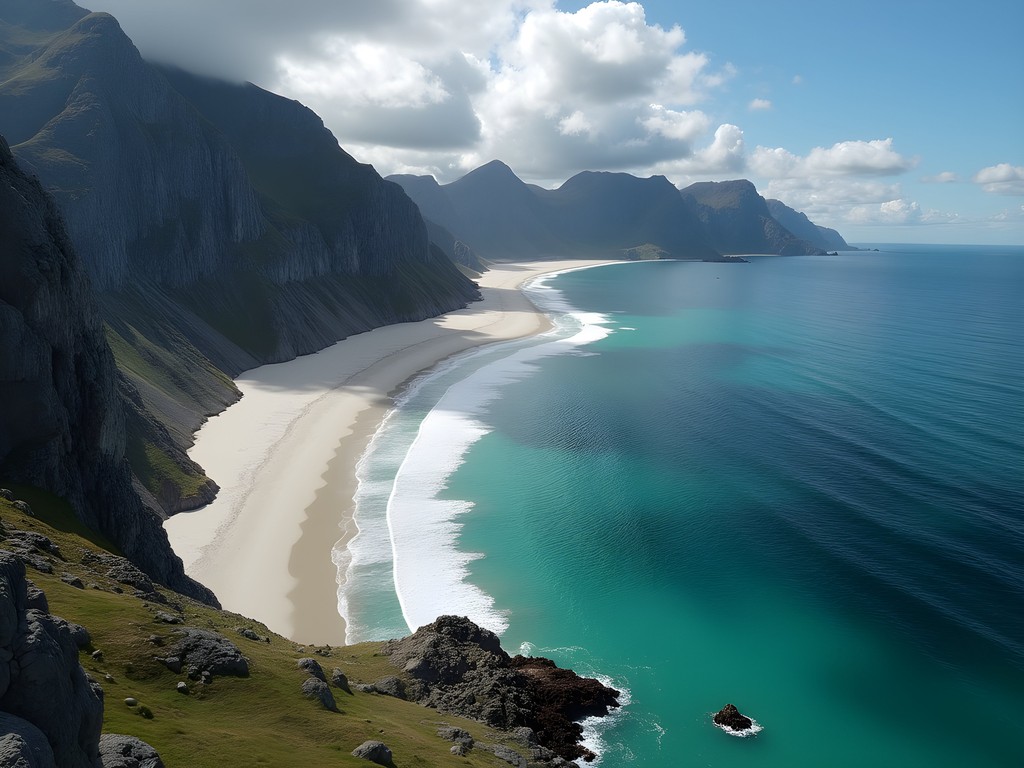 Aerial view of Kvalvika Beach's perfect horseshoe bay from Ryten summit in Lofoten Islands