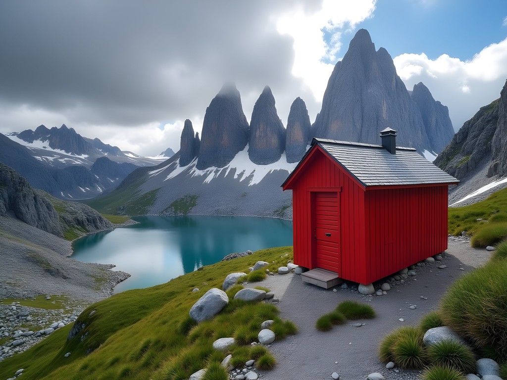 Red Munkebu mountain hut with three mountain lakes and jagged peaks in Lofoten Islands