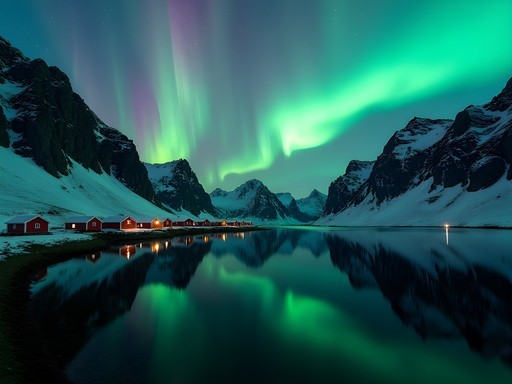 Northern lights (aurora borealis) dancing over jagged Lofoten mountain peaks reflected in a fjord