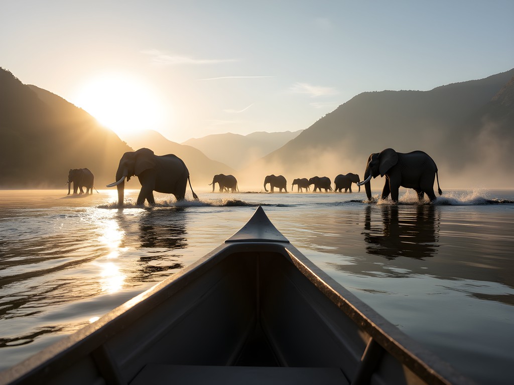 Canoe safari approaching elephants crossing the Zambezi River