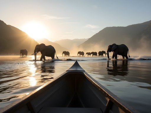 Canoe safari approaching elephants crossing the Zambezi River