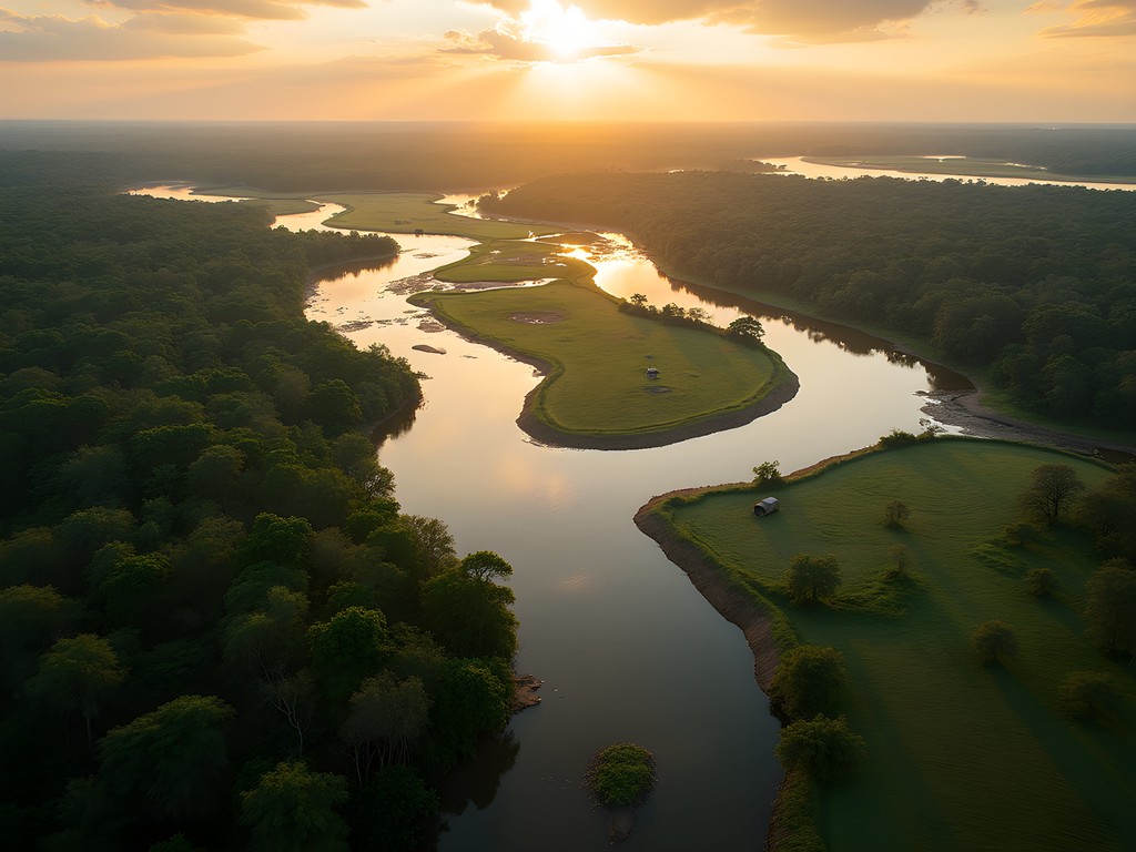 Aerial view of the Zambezi River winding through Lower Zambezi National Park