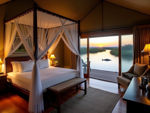 Luxury safari tent overlooking the Zambezi River at sunset