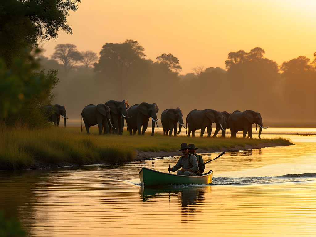 Canoe safari on Zambezi River with elephants on shoreline