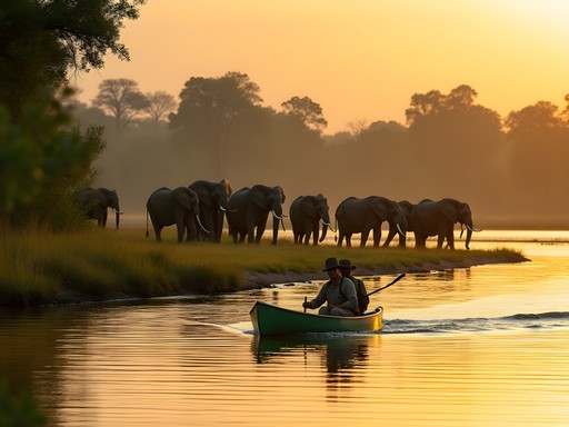 Canoe safari on Zambezi River with elephants on shoreline