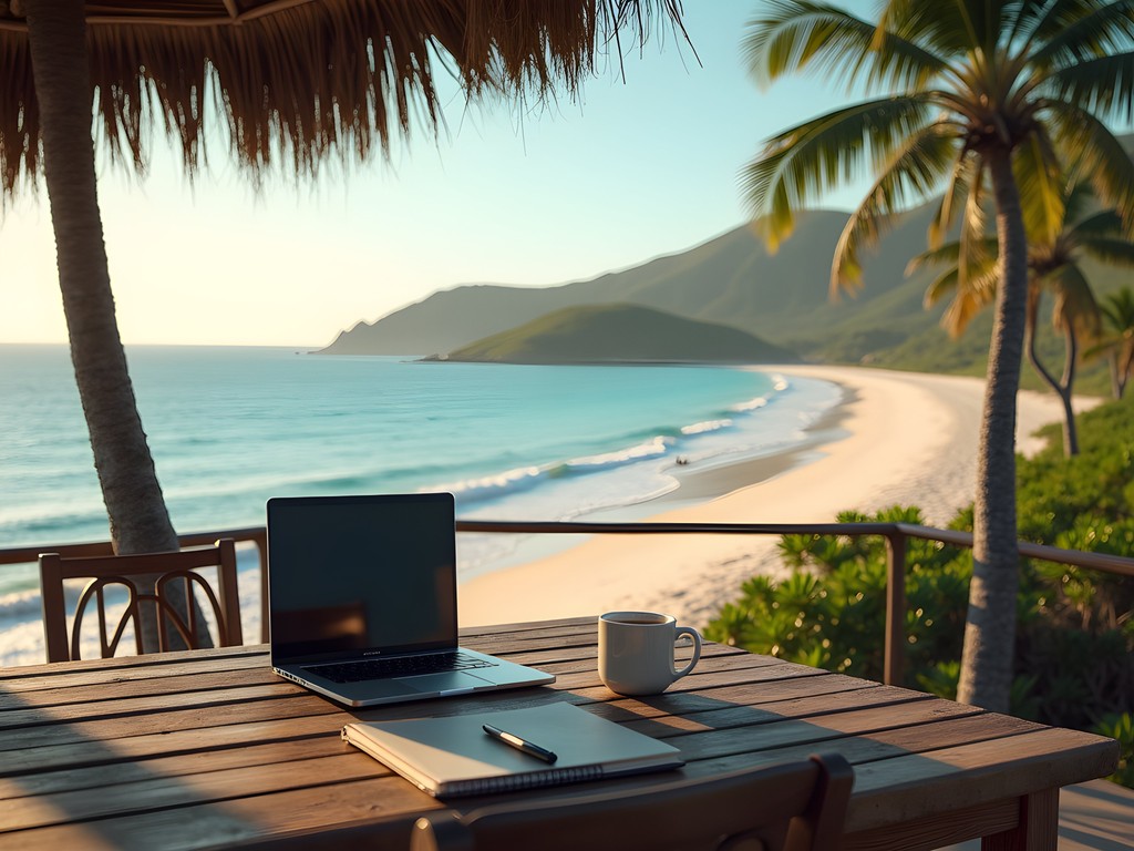 Remote work setup on beachfront deck overlooking Indian Ocean