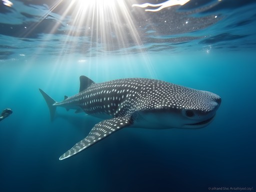 Snorkeling with whale shark in clear blue waters of Tofo