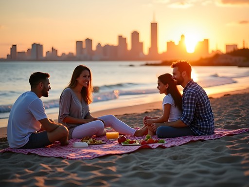 Family enjoying picnic dinner on Lynn Beach at sunset with Boston skyline visible