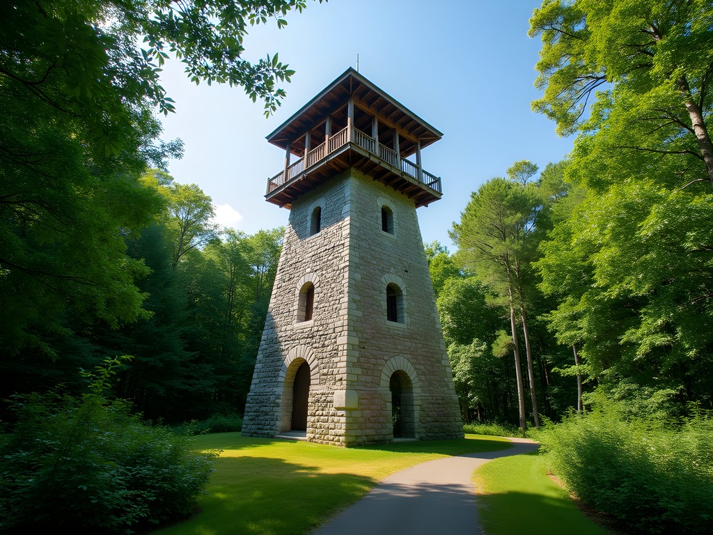 Stone observation tower in Lynn Woods with forest canopy view