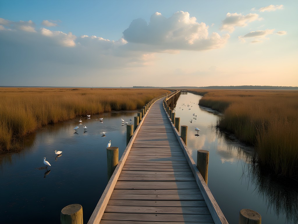 Wooden boardwalk through salt marsh with egrets feeding in shallow water