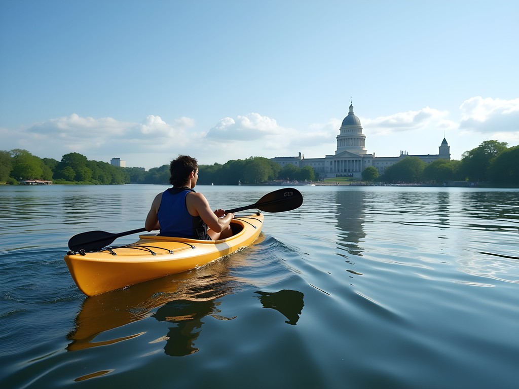 Person kayaking on Lake Mendota with Madison skyline in background