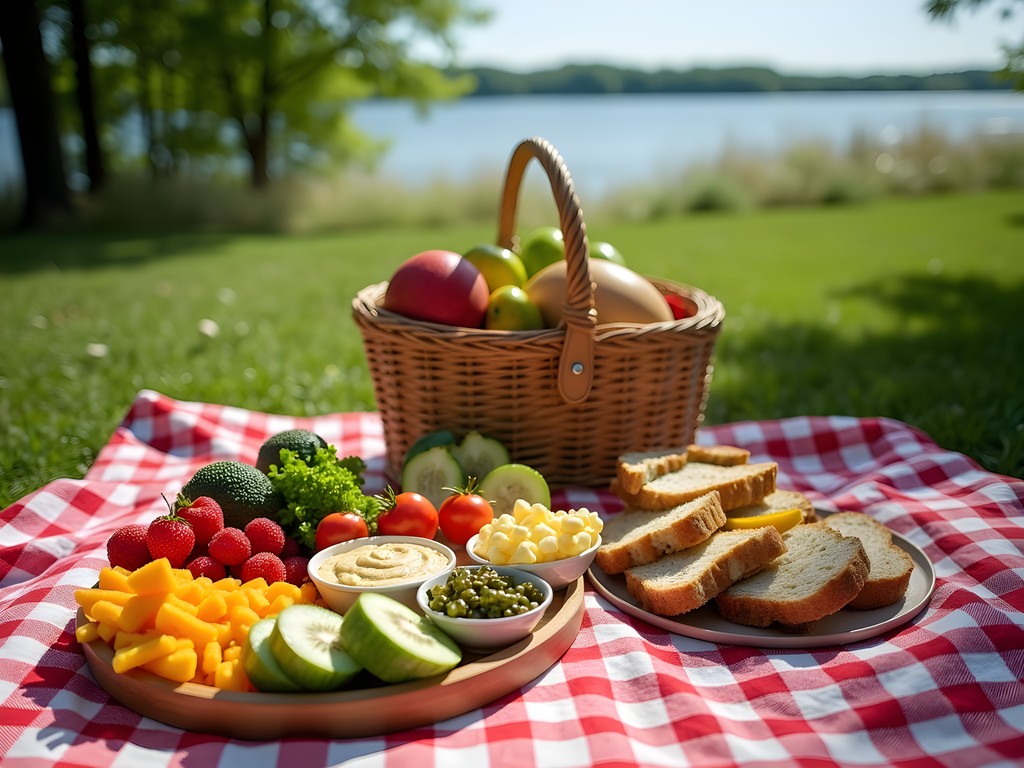 Plant-based picnic spread with Madison lake view in background