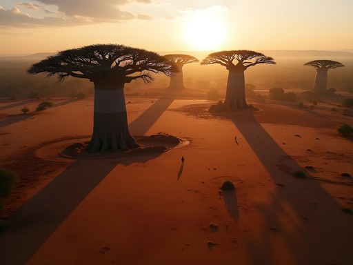 Aerial drone view of baobab trees in Madagascar with morning light casting long shadows