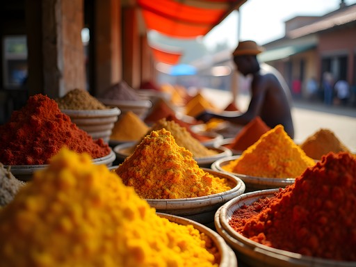 Colorful display of local spices at Mahajanga's Bazary Be market with vendor arranging products