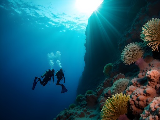 Dramatic vertical wall at Arno Drop-off with divers and sea fans in Majuro