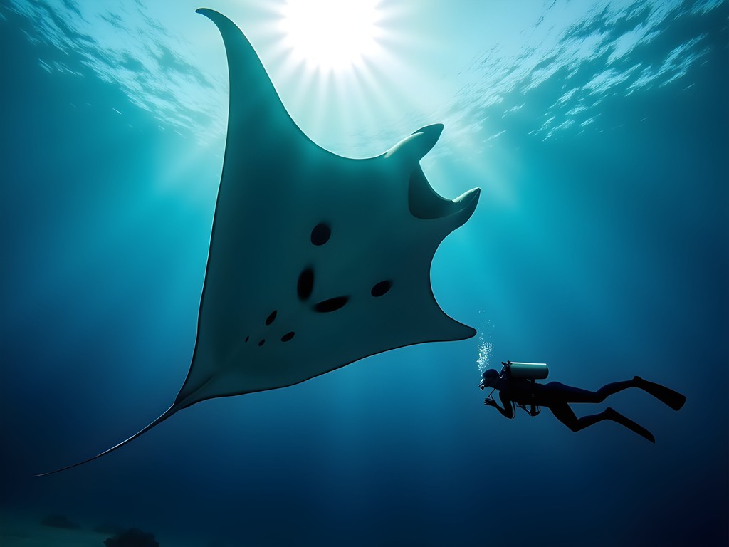 Diver observing massive oceanic manta ray in Calalin Channel, Majuro