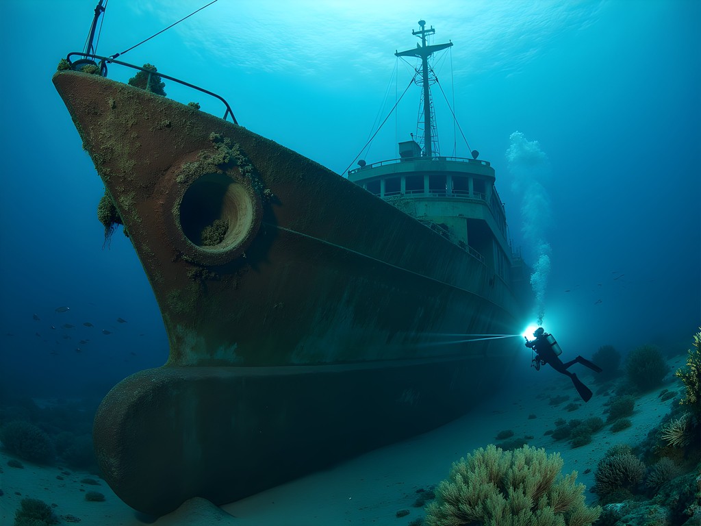 Diver exploring the intact Ejit Wreck with marine growth in Majuro lagoon