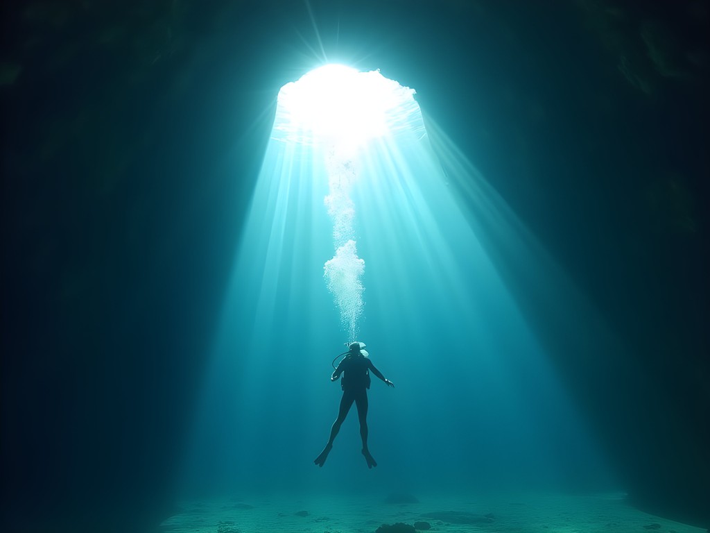 Dramatic light beams penetrating Jaluit Blue Hole with silhouetted diver in Majuro