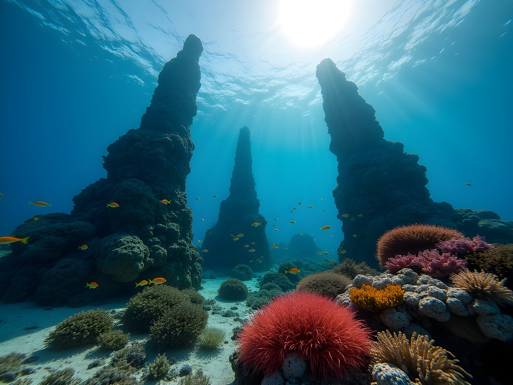 Underwater limestone pinnacles covered with gorgonian sea fans and soft corals in Majuro lagoon