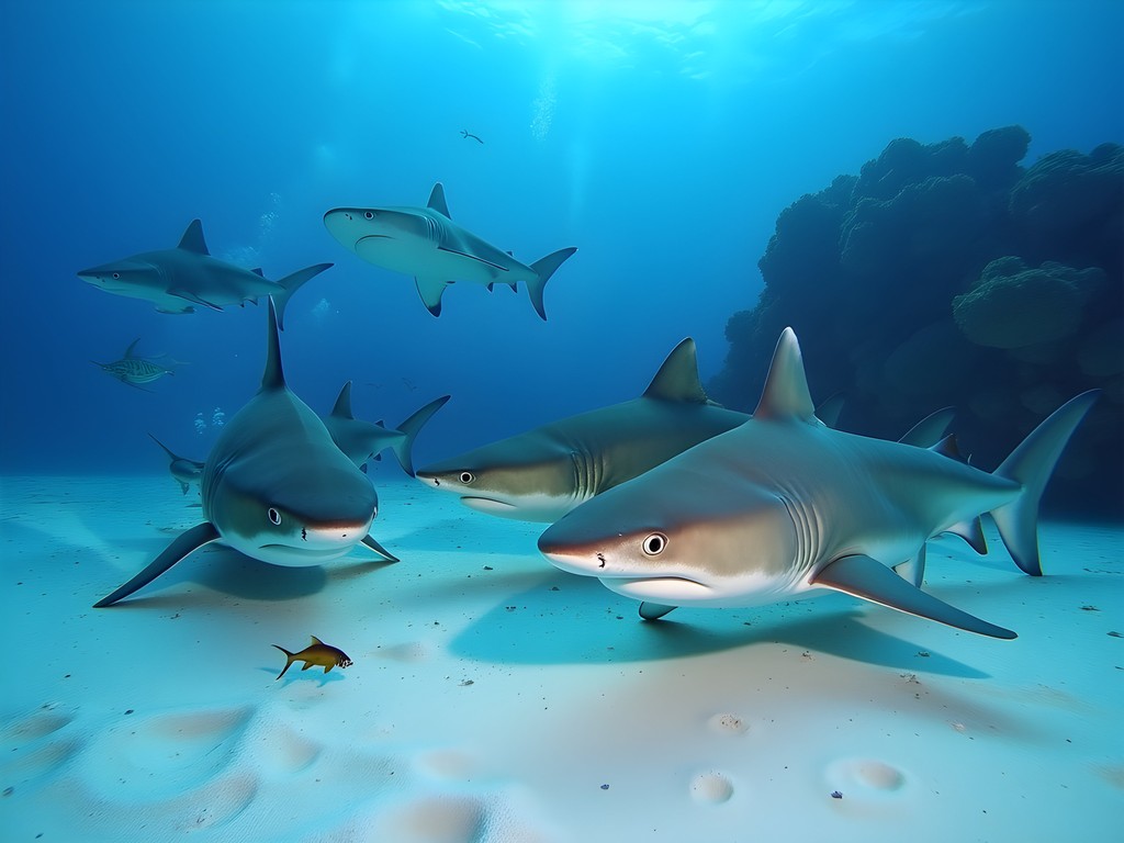 Grey reef sharks at natural cleaning station in Rongrong Shark Observatory, Majuro