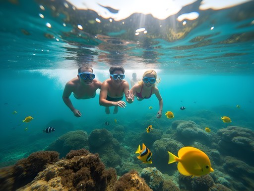 Family snorkeling in clear waters near Isla de la Plata with colorful fish