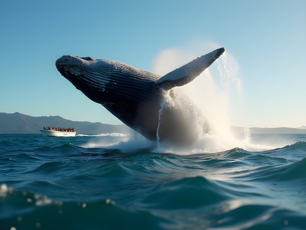Humpback whale breaching near tour boat off Manta coast