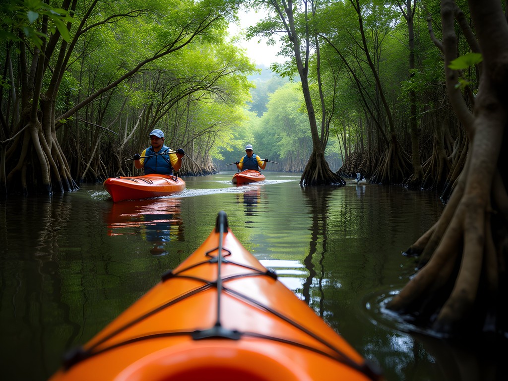 Family kayaking through lush mangrove channels near Manta