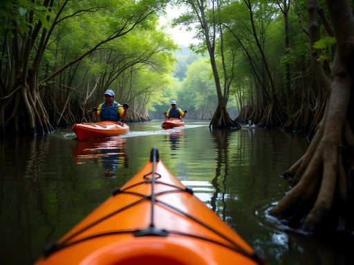 Family kayaking through lush mangrove channels near Manta
