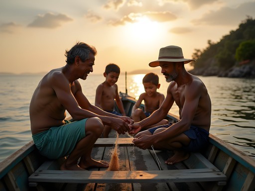 Local fishing family teaching traditional sustainable fishing methods to visitors