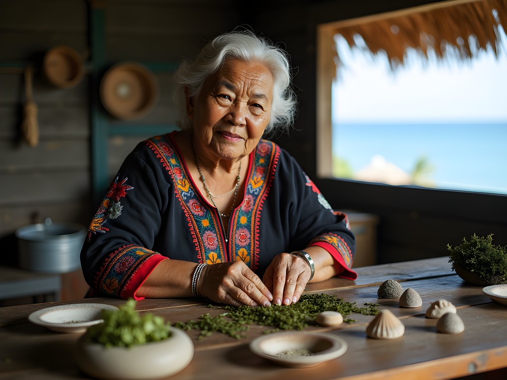 Elderly Ecuadorian healer displaying traditional marine healing elements