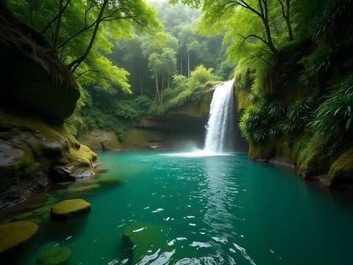 Emerald green Chaudière Pool with waterfall cascading through tropical forest in northern Dominica