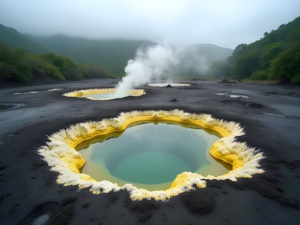 Bubbling gray mud pools and steam vents at Cold Soufrière Sulphur Springs in northern Dominica