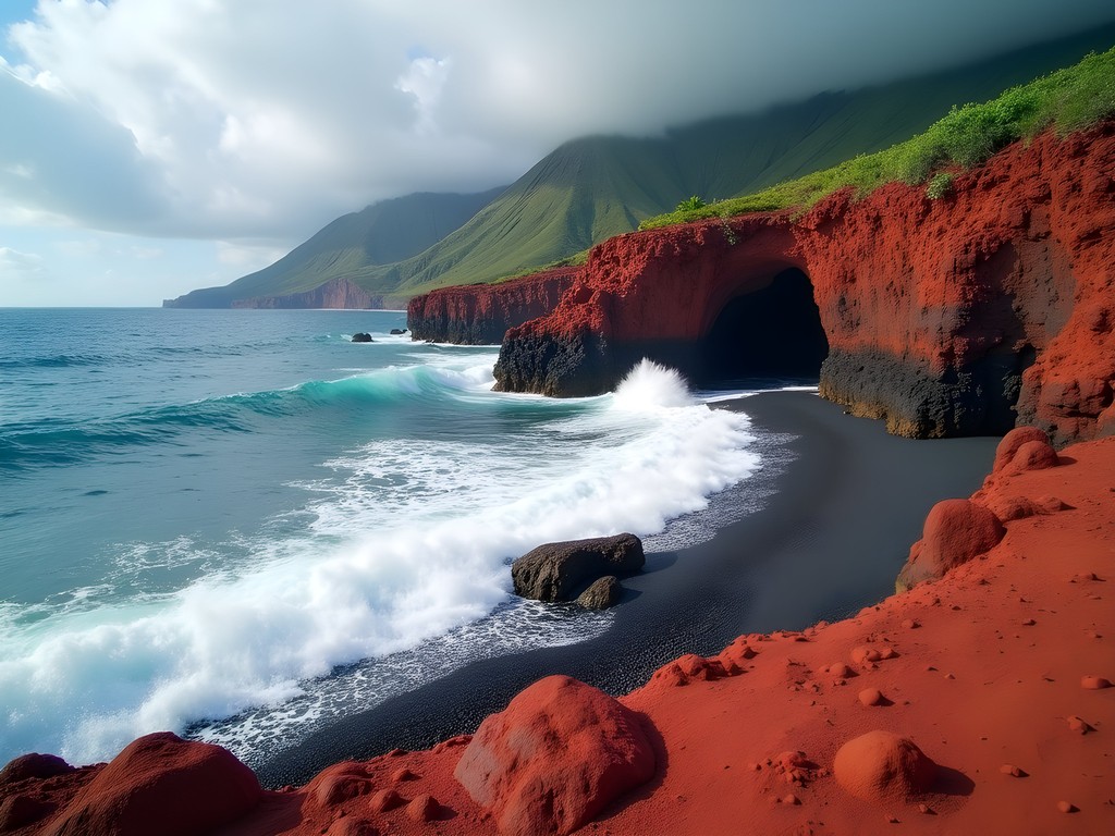 Dramatic red rock formations along Atlantic coastline in northern Dominica with crashing waves