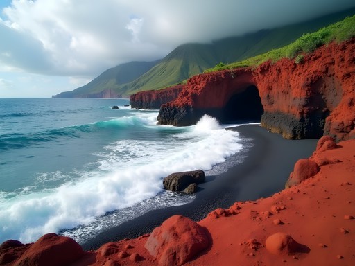 Dramatic red rock formations along Atlantic coastline in northern Dominica with crashing waves
