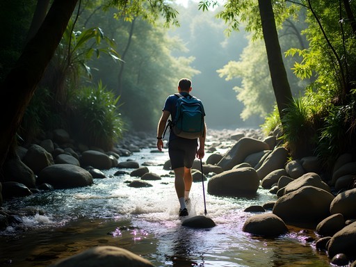 Hiker crossing river on Segment 13 of Waitukubuli National Trail in northern Dominica