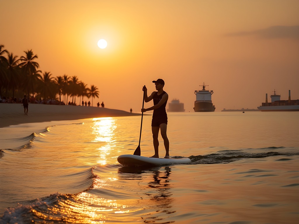 Stand-up paddleboarding at sunset on Tanjong Beach, Sentosa Island