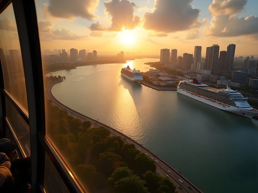 Panoramic sunset view from Singapore Cable Car showing harbor and city skyline