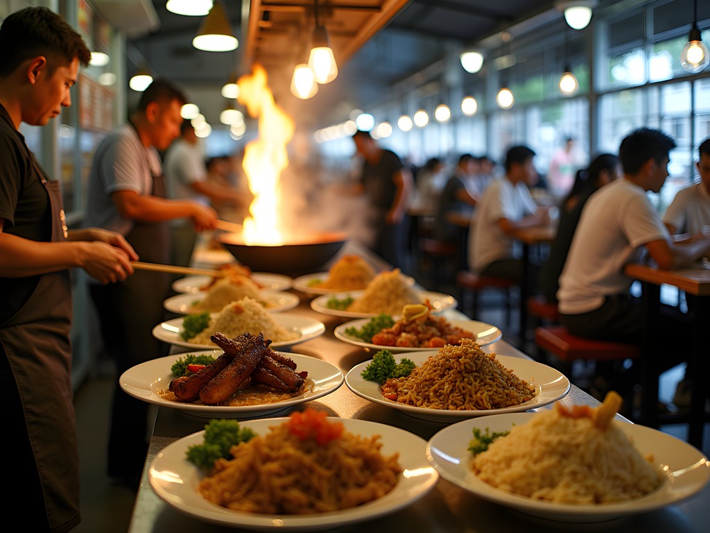 Authentic Singaporean hawker center with local dishes and busy atmosphere