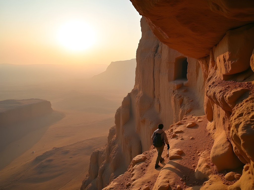 Climber ascending rock face to Abuna Yemata Guh church in Tigray