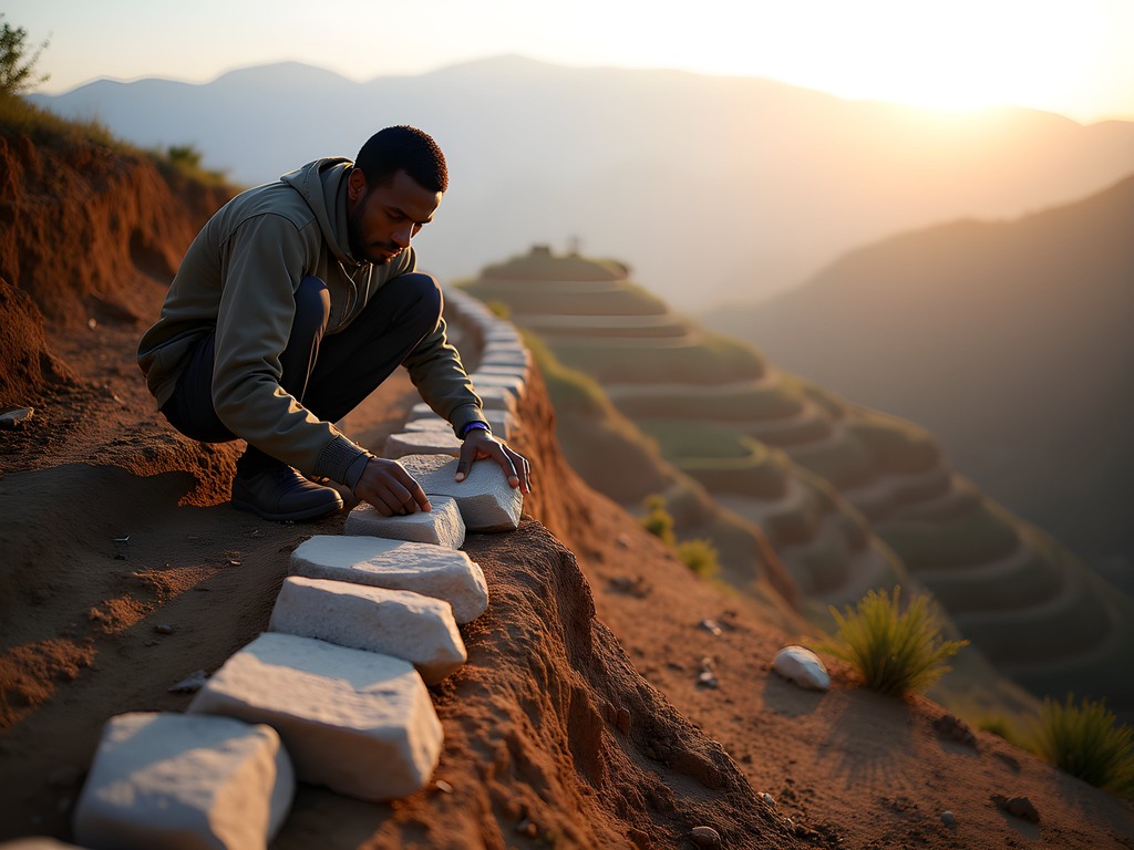 Local farmer building traditional stone bunds for erosion control in Tigray highlands