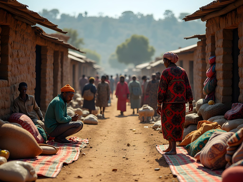 Traditional market day in highland village near Mekelle with colorful textiles and local crafts