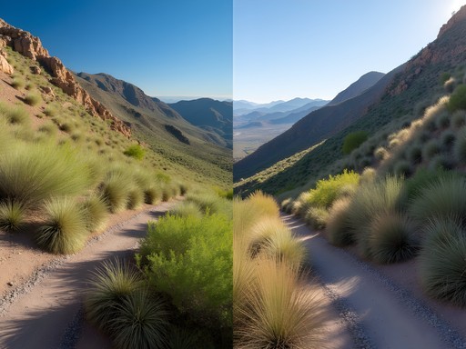 Contrasting vegetation zones on Pass Mountain Trail showing north and south facing slopes