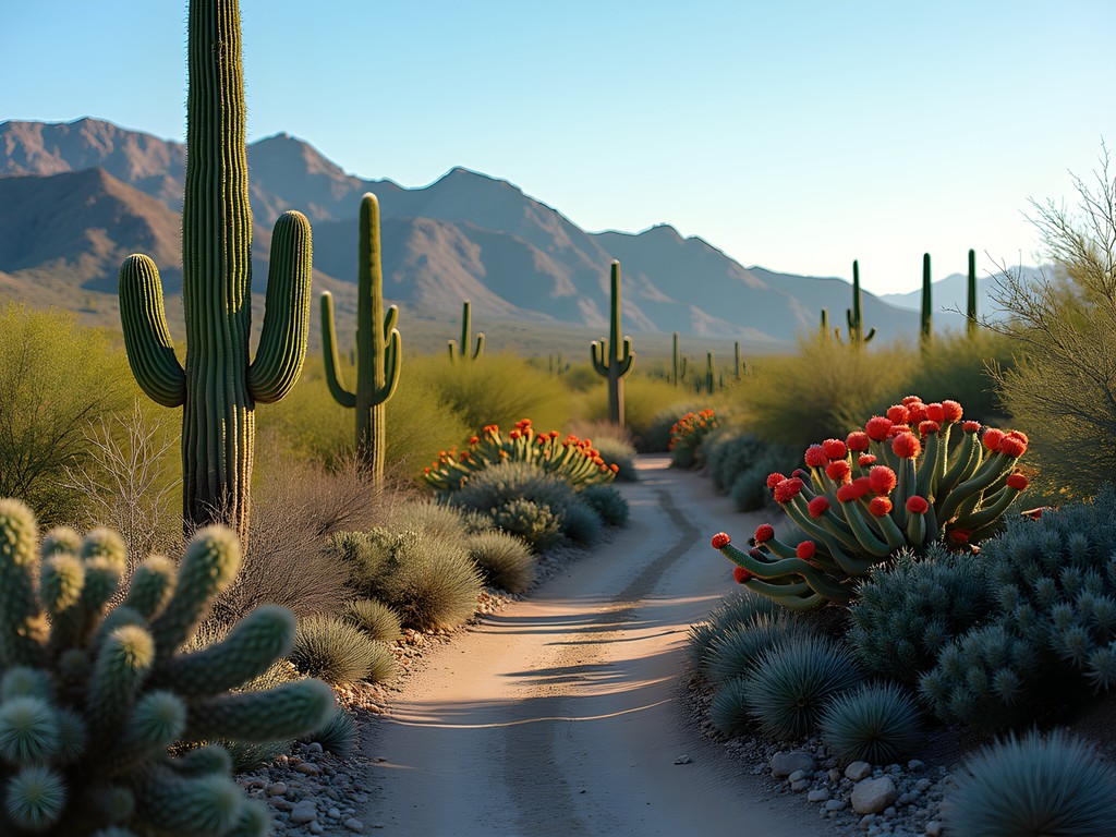 Diverse cacti along Goldmine Trail in San Tan Mountain Regional Park with mountain views