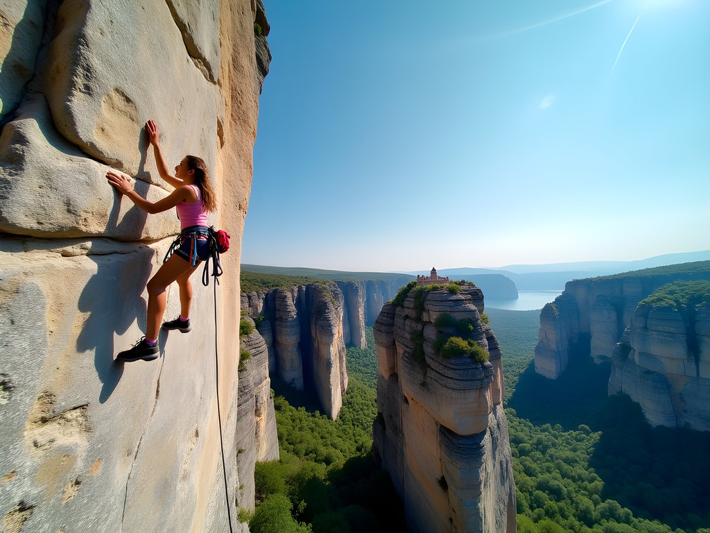 Solo climber ascending a challenging rock face in Meteora with monasteries visible in background